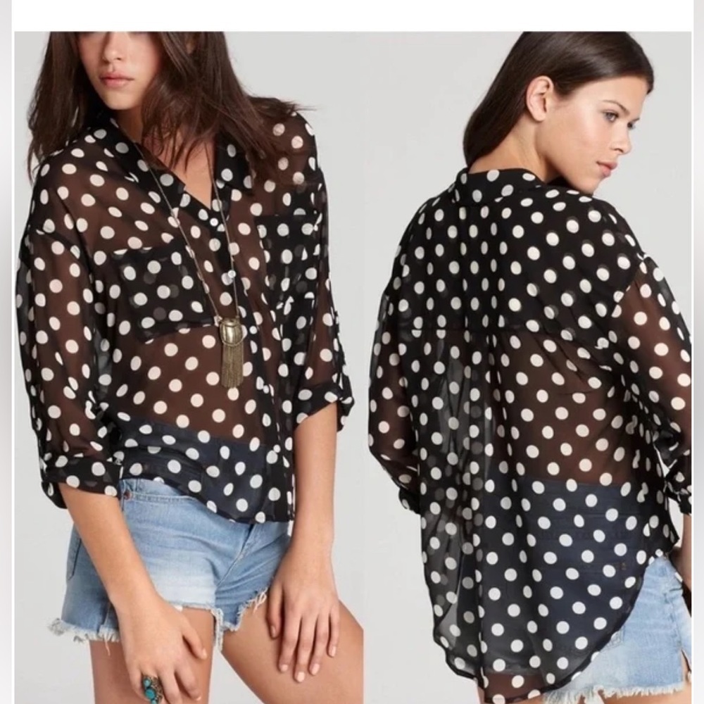 Free People Polka Dot Easy Rider Sheer Blouse Button Down Hi Low RollUp Sleeves